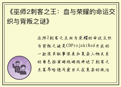 《巫师2刺客之王：血与荣耀的命运交织与背叛之谜》